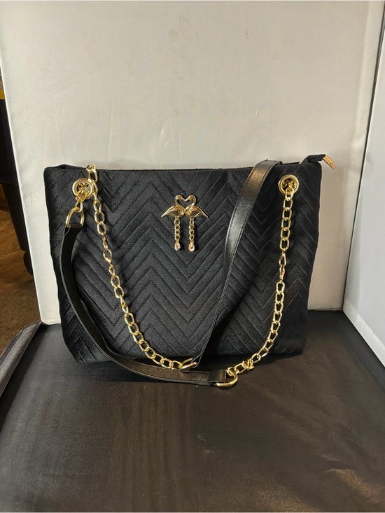 Handbags - Black Quilted Shoulder Bag with Gold Chain Accents